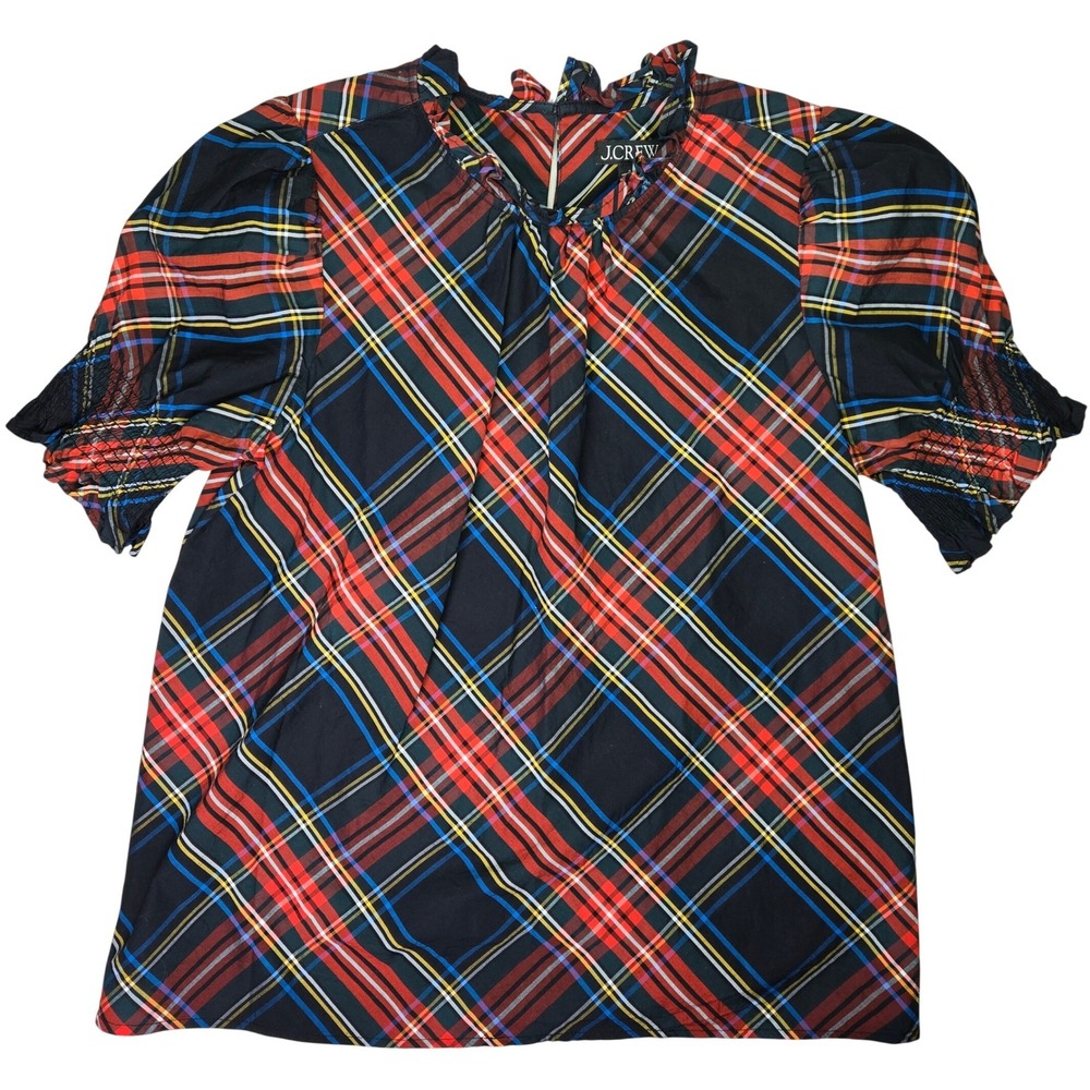 J. Crew Womens BN162‎ Tartan Plaid Ruffle Neck Puff Sleeve Cotton Top Small